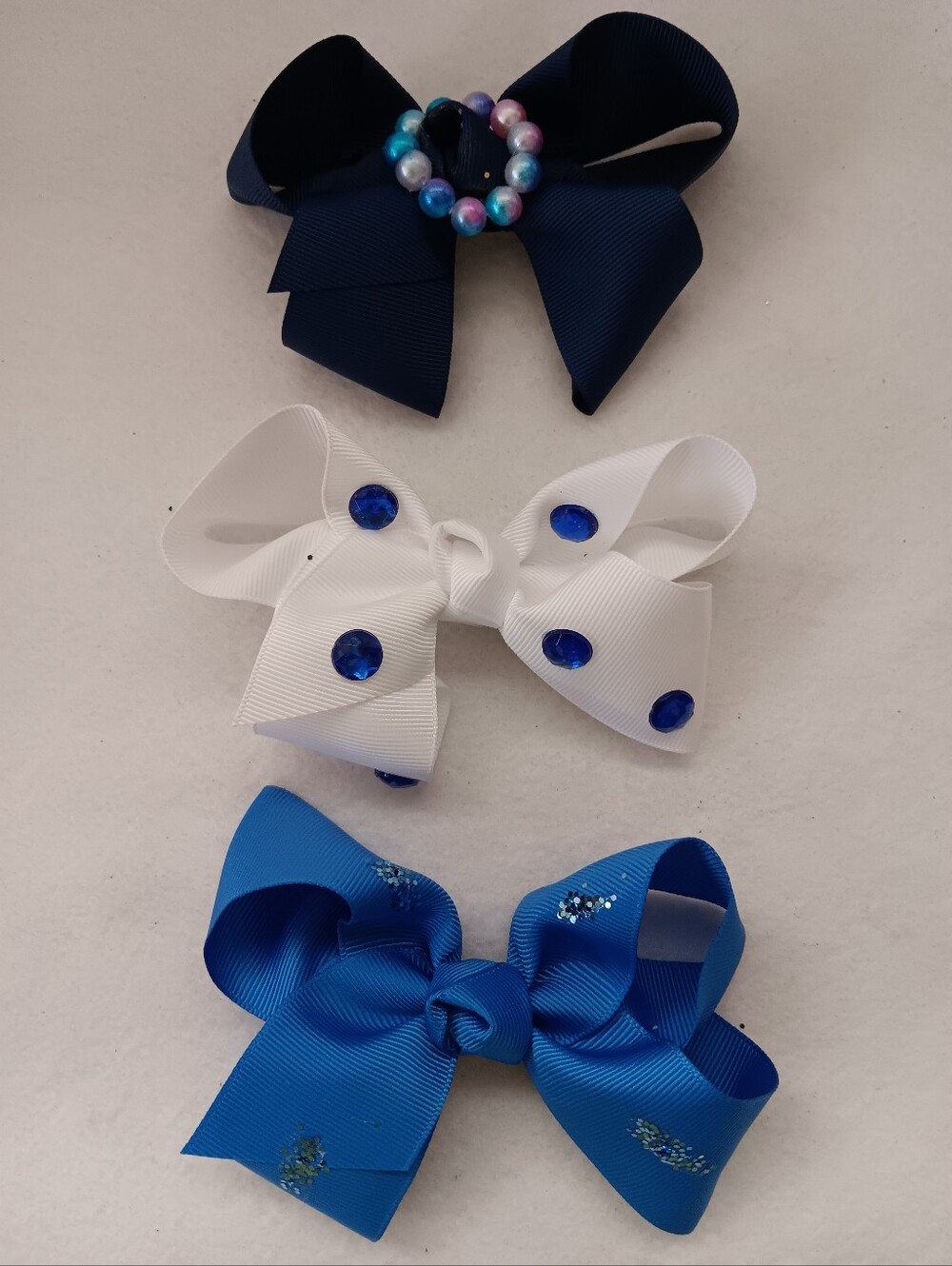 Navy, White & Royal Blue Kids Ribbon Bow Hair Clips - Pack of 3